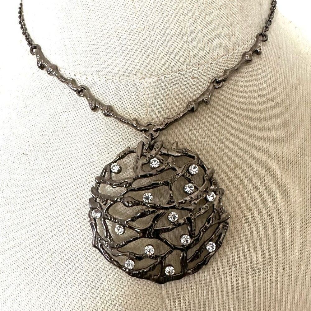 Cookie Lee Grey Rhinestone Circle Branch Pendant Necklace 12$
